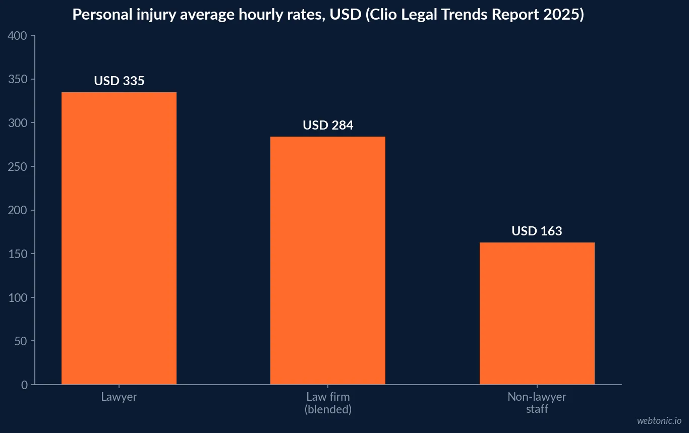 Bar chart of 2025 personal injury average hourly rates from the Clio Legal Trends Report: USD 335 for lawyers, USD 284 blended at firm level and USD 163 for non-lawyer staff