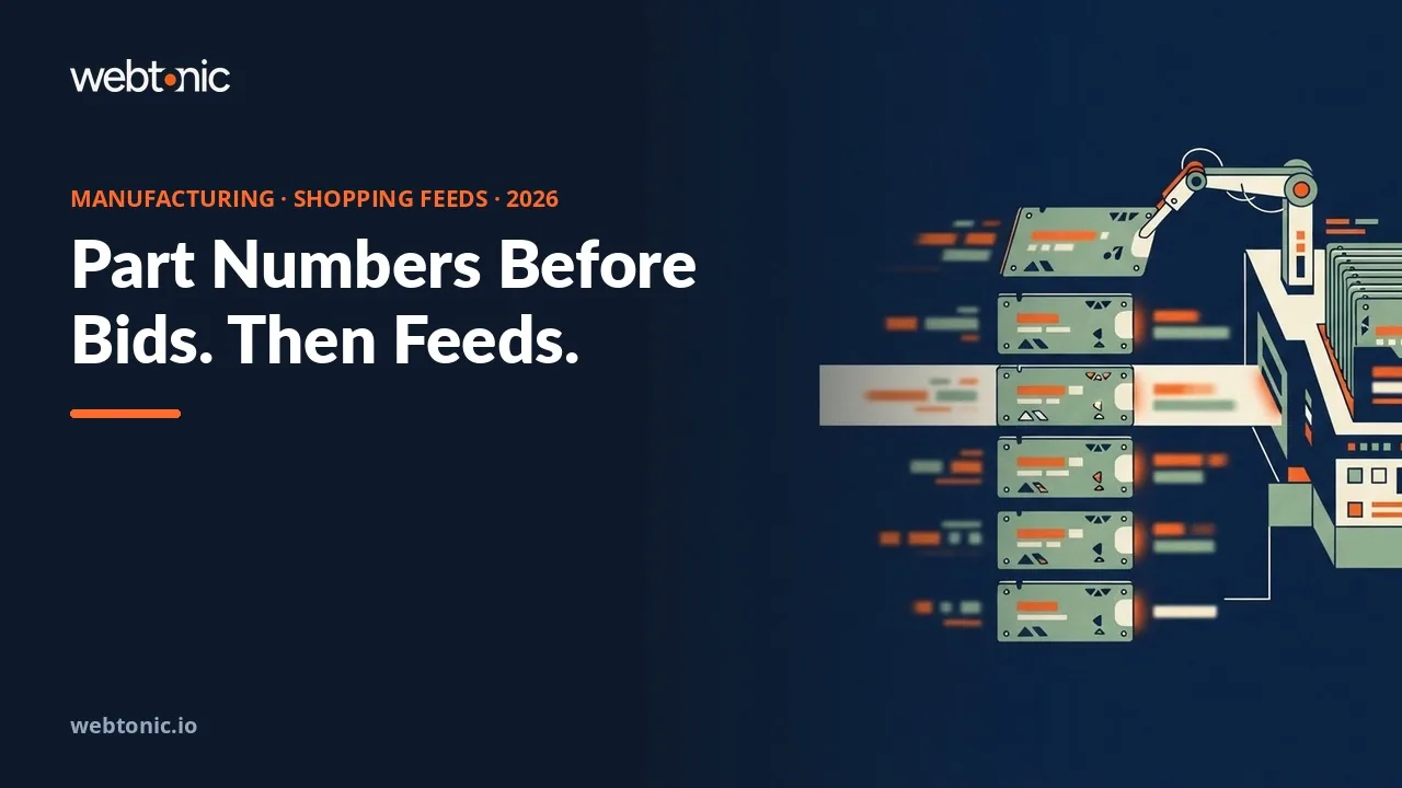Manufacturing and industrial Google Shopping and feed management statistics thumbnail showing 77 percent of industrial buyers obtaining pricing or lead time from self-serve tools