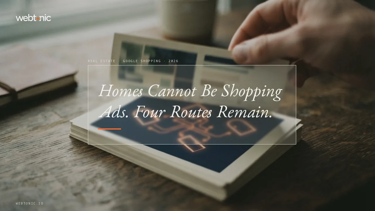 Real estate Google Shopping and feed management 2026 thumbnail showing homes are immovable property excluded from Shopping and a 3.98 million existing-home sales rate