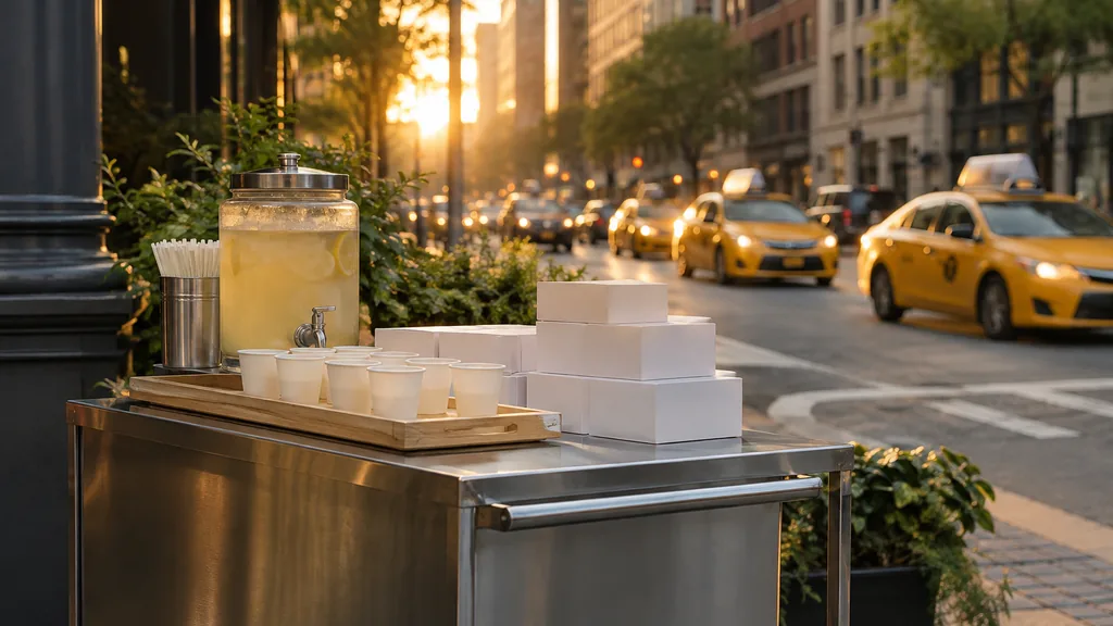 Workspace setting for a New York brand ambassador agency: a New York street corner at golden hour with a branded-free sampling cart, a stack of plain white product boxes and blurred yellow taxis in the background