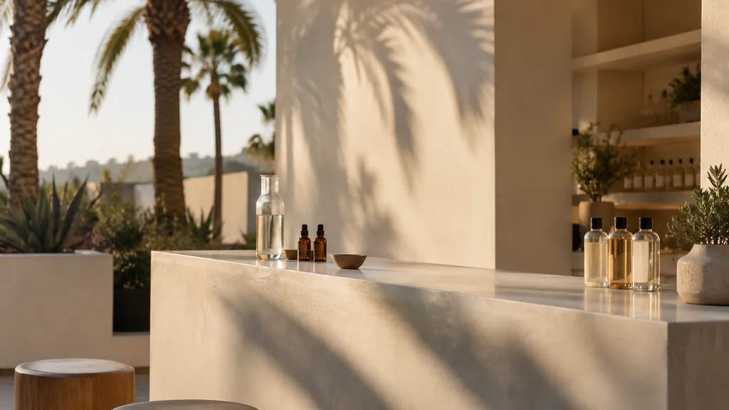 Workspace setting for a Los Angeles brand ambassador agency: a Los Angeles pop-up space with palm shadows on a white wall, a clean empty sampling counter, plain bottles and warm late-afternoon light