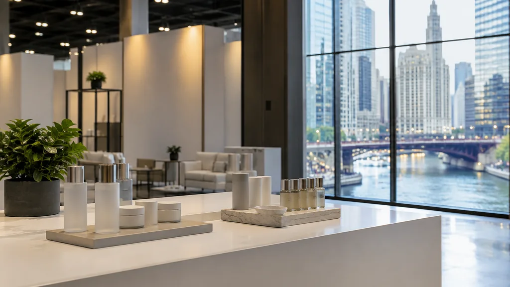 Workspace setting for a Chicago brand ambassador agency: a Chicago convention hall booth before opening, a clean white counter with unbranded product samples, soft overhead lights and a river-view window