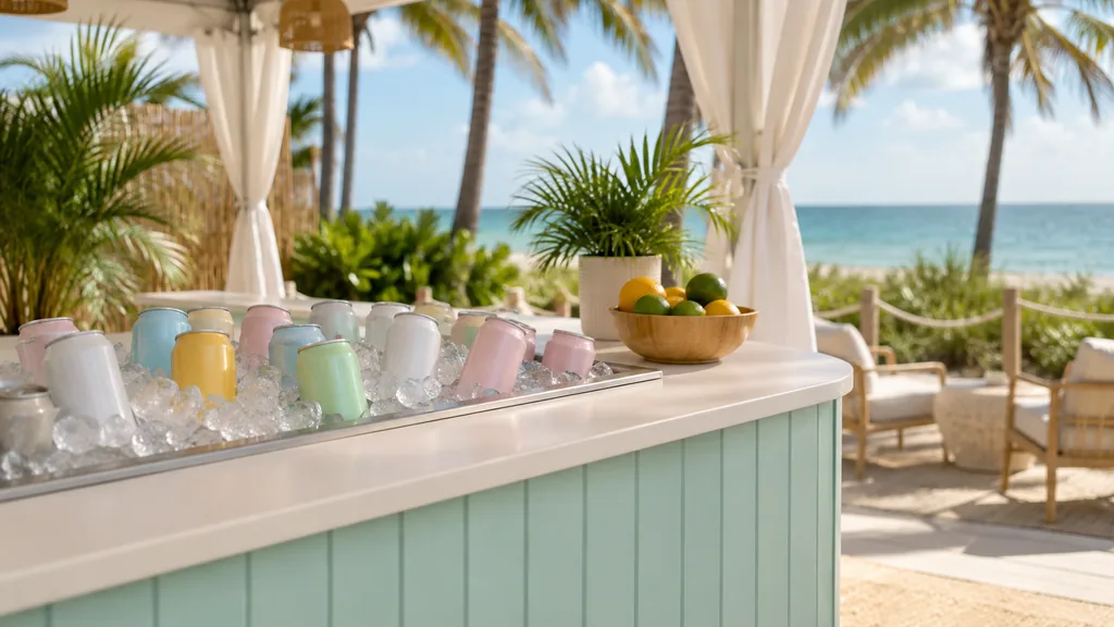 Workspace setting for a Miami brand ambassador agency: a Miami outdoor activation tent near the beach with a pastel counter, plain unbranded drink cans on ice and bright tropical light