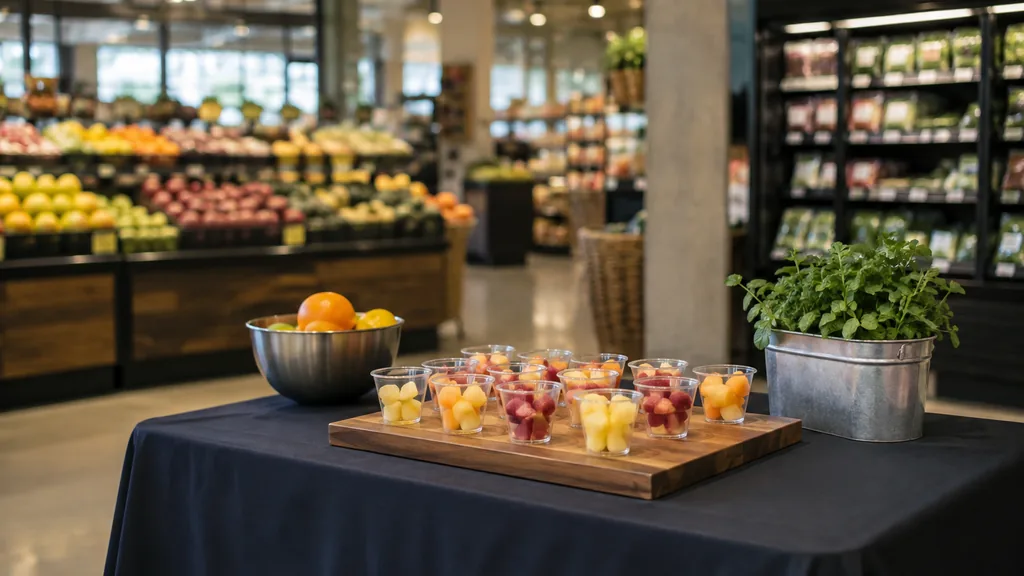 Workspace setting for a Dallas brand ambassador agency: a Dallas grocery store demo table with plain unlabelled sample cups, a small tablecloth-covered counter and soft store lighting