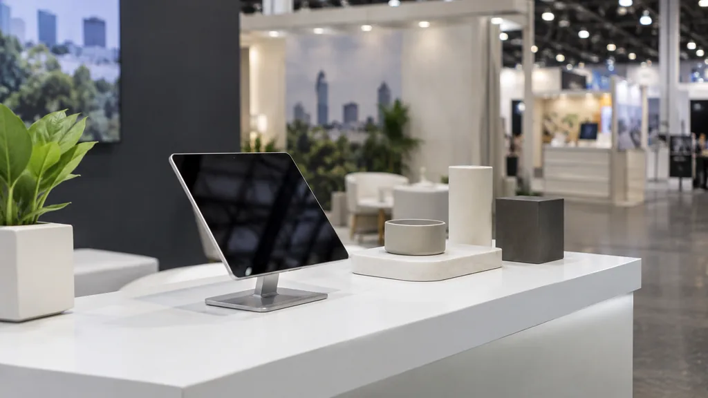 Workspace setting for a Houston brand ambassador agency: a Houston convention centre booth with a clean white counter, a tablet on a stand, plain product samples and cool overhead light