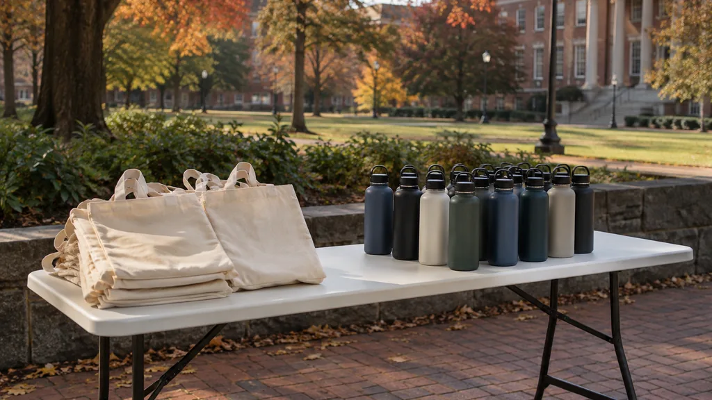Workspace setting for a Atlanta brand ambassador agency: an Atlanta university quad in autumn with an empty folding table, plain tote bags and water bottles laid out and soft morning light