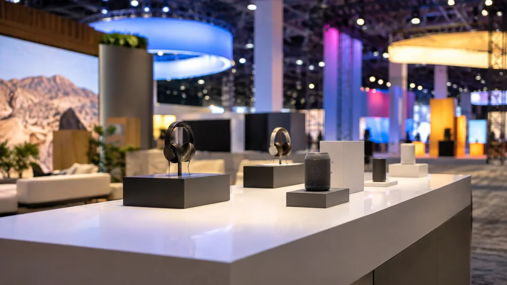 Workspace setting for a Las Vegas brand ambassador agency: a Las Vegas trade show floor before doors open, an empty sleek booth counter with plain product displays and colourful overhead lights