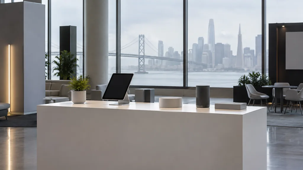 Workspace setting for a San Francisco brand ambassador agency: a San Francisco conference hall booth before opening, a clean white counter with a tablet stand and plain product samples, fog-grey daylight through tall windows