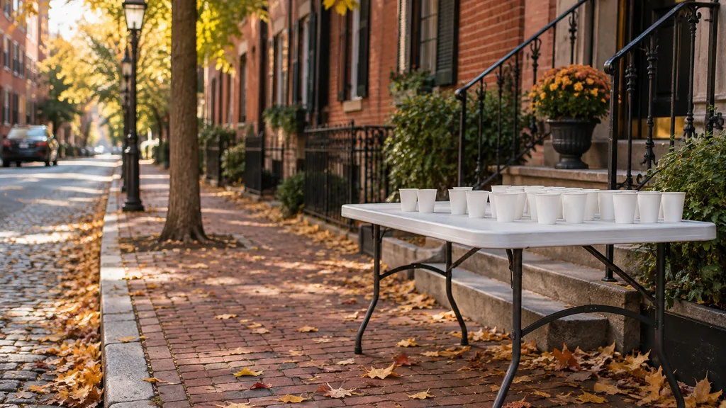Workspace setting for a Boston brand ambassador agency: a Boston brick-lined street in autumn with an empty folding sampling table, plain unbranded cups and leaves on the sidewalk, soft morning light