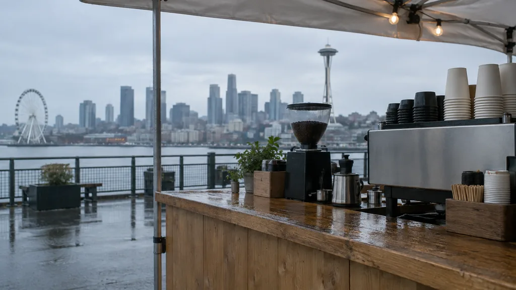 Workspace setting for a Seattle brand ambassador agency: a Seattle waterfront pop-up tent in light rain with a clean wooden counter, plain unlabelled coffee cups and grey-blue light