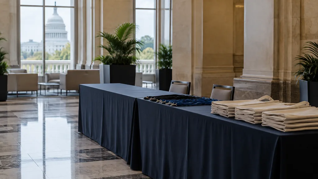 Workspace setting for a Washington DC brand ambassador agency: a Washington DC conference foyer with marble floor, an empty registration counter with plain lanyards and tote bags, soft neutral light