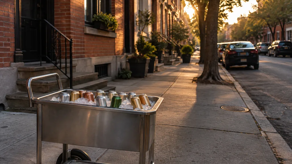 Workspace setting for a Philadelphia brand ambassador agency: a Philadelphia rowhouse street corner with an empty sampling cart, plain unbranded cans on ice and warm evening light on brick