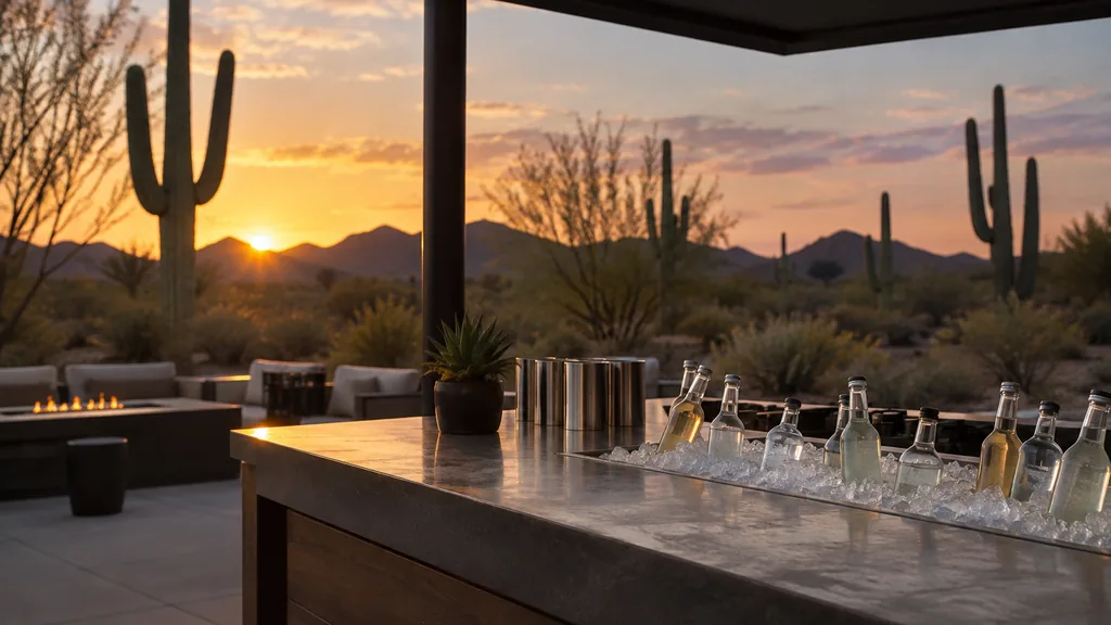 Workspace setting for a Phoenix brand ambassador agency: a Phoenix outdoor event space at dusk with saguaro silhouettes, an empty shaded sampling counter and plain bottled drinks on ice
