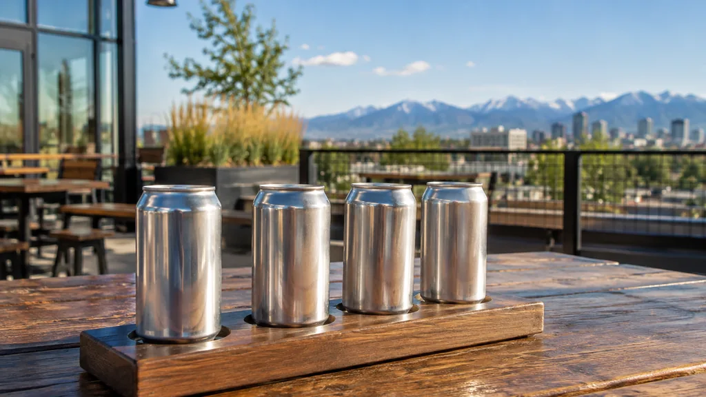 Workspace setting for a Denver brand ambassador agency: a Denver brewery patio with mountains in the far distance, an empty sampling table with plain unlabelled cans and crisp afternoon light