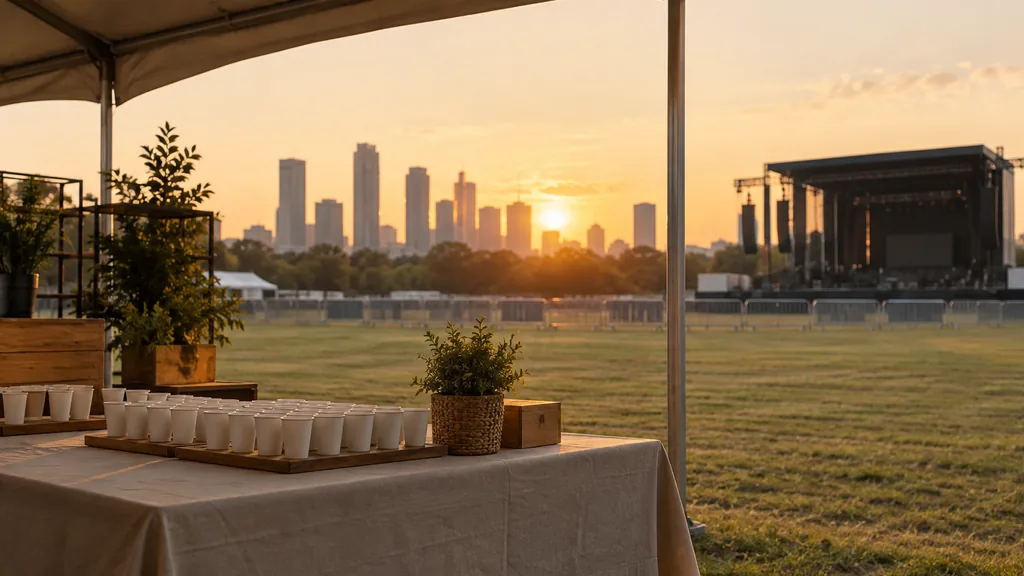 Workspace setting for a Austin brand ambassador agency: an Austin outdoor festival lawn before gates open, an empty branded-free activation tent with plain sample cups and warm Texas sunset light