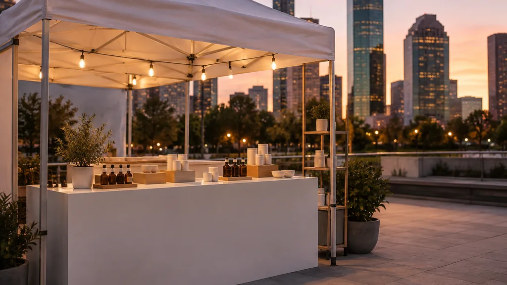 Workspace setting for a Houston experiential marketing agency: an empty Houston pop-up tent on a plaza at dusk with a clean white counter, plain unbranded product samples and warm string lights