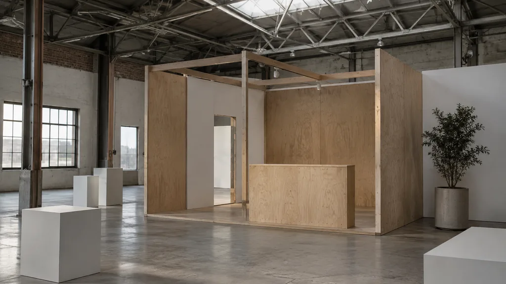 Workspace setting for a Dallas experiential marketing agency: a Dallas warehouse studio with an unbranded activation booth under construction, plywood panels, plain white cubes and soft skylight