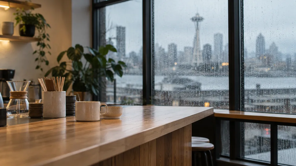 Workspace setting for a Seattle experiential marketing agency: an indoor Seattle pop-up space on a rainy afternoon with a clean timber counter, plain ceramic cups and large rain-streaked windows