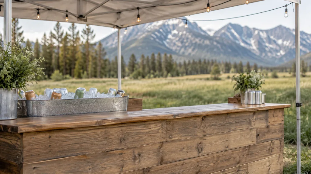 Workspace setting for a Denver experiential marketing agency: an outdoor festival activation tent in a Colorado meadow with an empty wooden counter, plain unbranded cans in an ice tub and mountains softly blurred behind