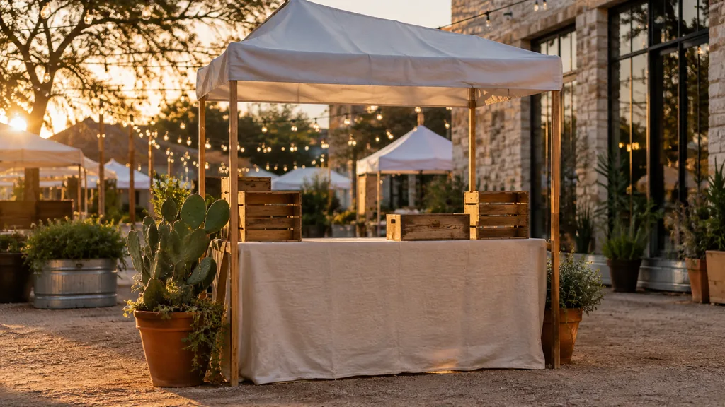 Workspace setting for a Austin experiential marketing agency: an Austin courtyard pop-up at golden hour with an empty neon-free booth, plain wooden crates, potted cactus and string lights