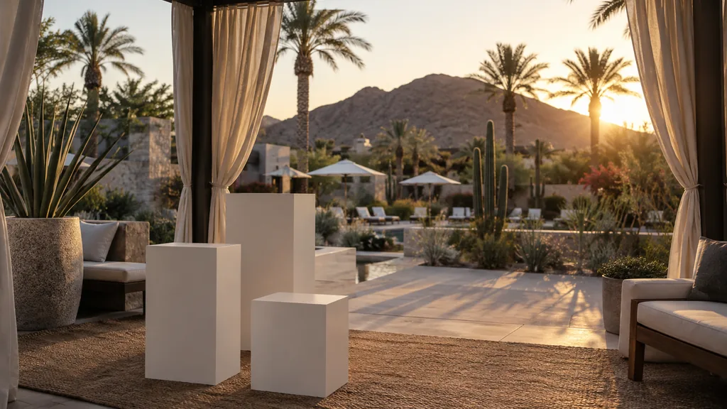 Workspace setting for a Phoenix experiential marketing agency: a Phoenix resort courtyard at sunset with an empty shaded activation cabana, plain white product plinths, palm shadows and desert light