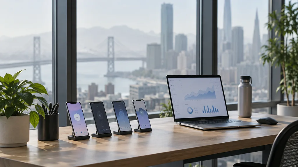 Workspace setting for a San Francisco Apple Search Ads agency: a bright San Francisco startup office with a standing desk, several smartphones in a row showing app screens, a laptop with abstract charts and soft foggy daylight