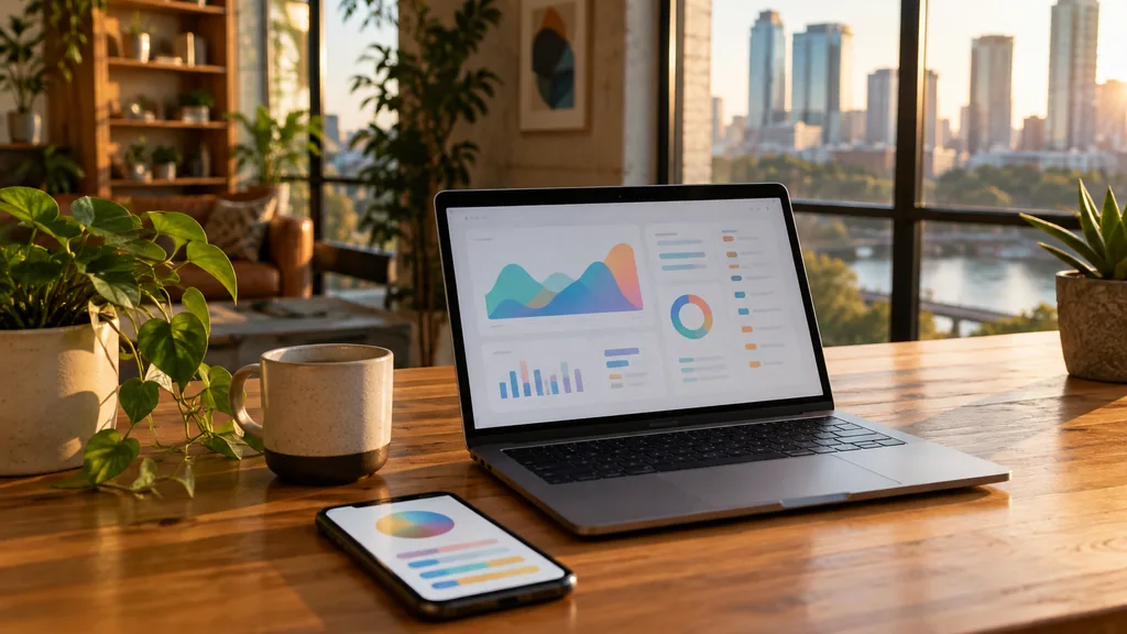 Workspace setting for a Austin Apple Search Ads agency: an Austin creative office with warm wood and plants, a smartphone and laptop on a desk showing colourful app screens and abstract charts, golden afternoon light