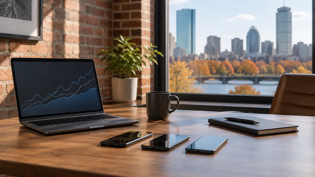 Workspace setting for a Boston Apple Search Ads agency: a brick-walled Boston office with a laptop showing abstract line graphs, three smartphones in a neat row, a notebook and soft autumn daylight
