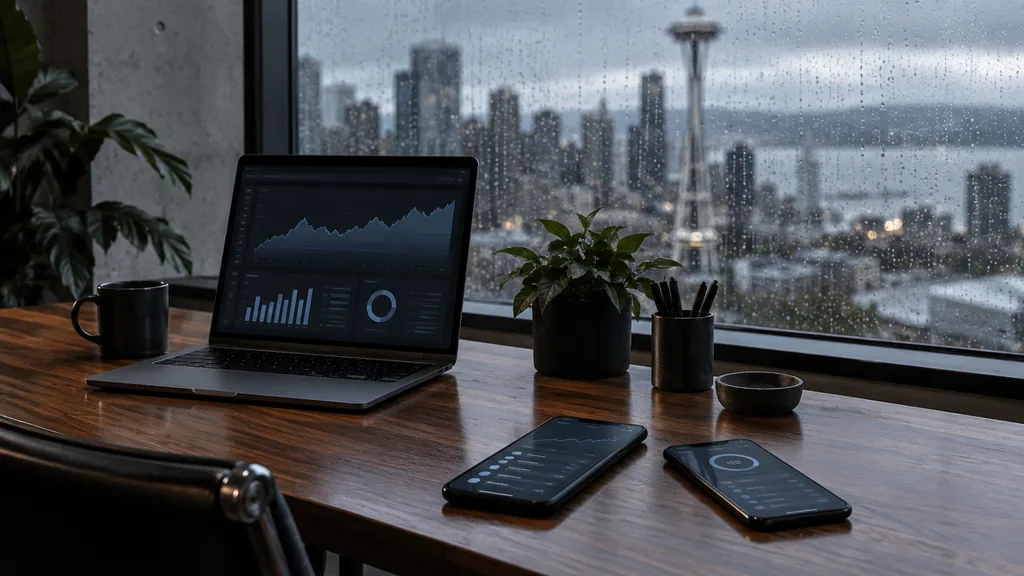 Workspace setting for a Seattle Apple Search Ads agency: a Seattle office with rain on a large window, a wooden desk with a laptop showing abstract graphs, two smartphones with app screens and moody grey light