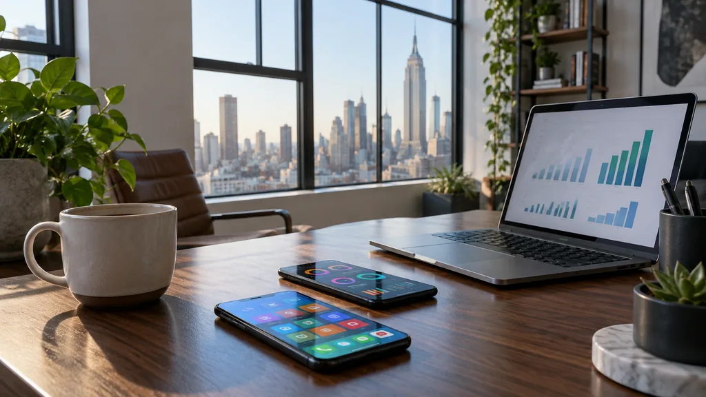 Workspace setting for a New York Apple Search Ads agency: a Manhattan loft office with a large window, two smartphones on a walnut desk showing colourful app screens, a laptop with abstract bar charts, a coffee cup and cool morning light