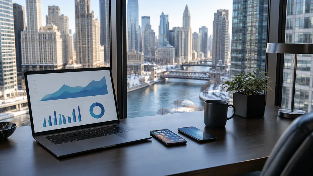 Workspace setting for a Chicago Apple Search Ads agency: a Chicago high-rise office overlooking a river, a desk with a laptop showing abstract charts, smartphones with colourful app screens and crisp winter light