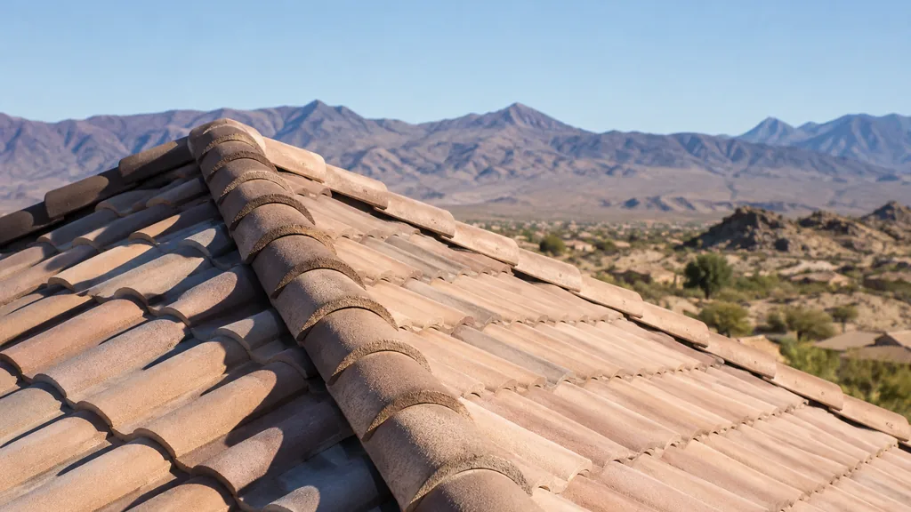 An empty roof surface: a sun-bleached clay tile roof slope with a clean ridge line under hard desert light in Nevada