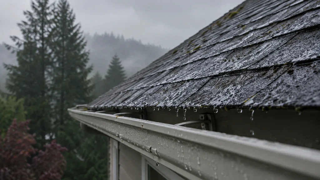 An empty roof surface: a wet dark asphalt-shingle roof edge with a clean gutter under soft grey Pacific Northwest rain light