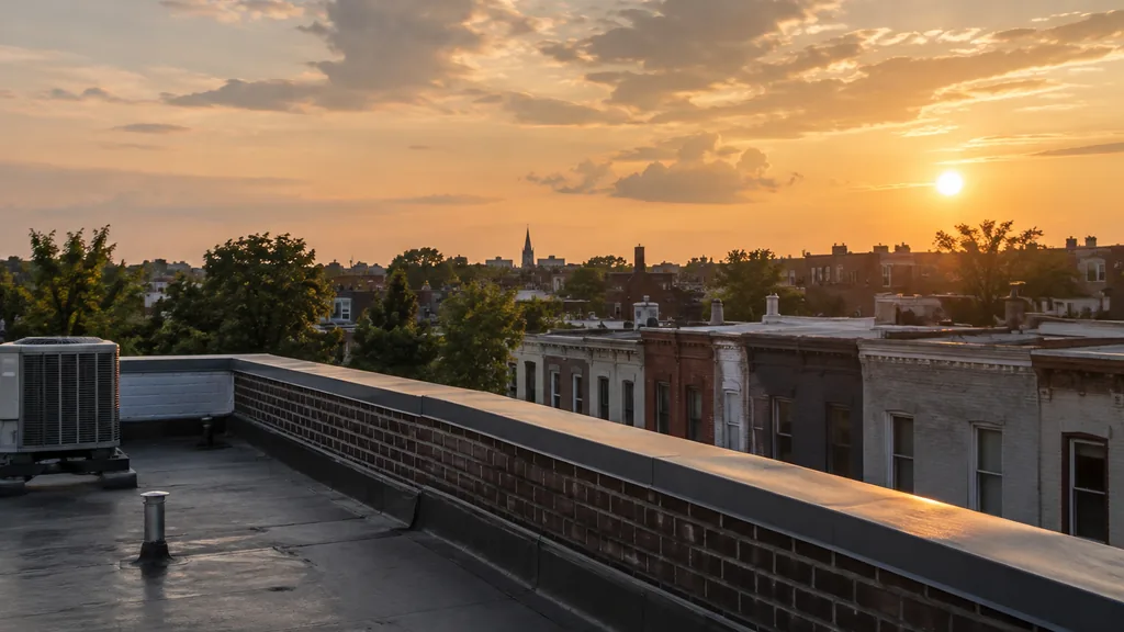 An empty roof surface: a flat rowhouse roof with a tidy parapet and metal coping under warm humid Mid-Atlantic evening light