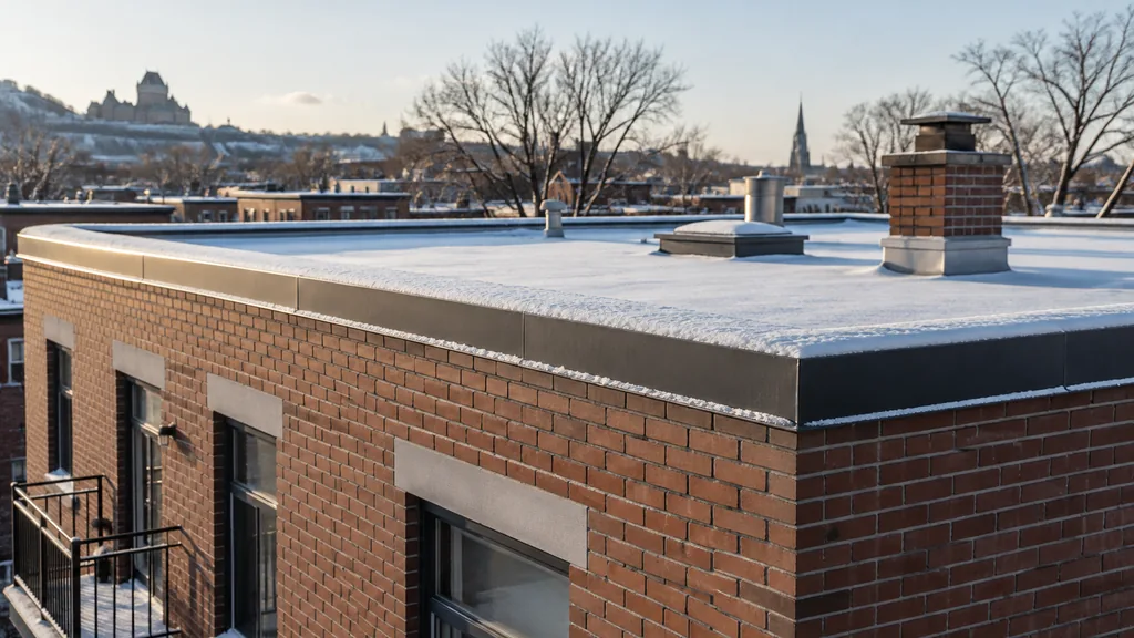 An empty roof surface: a flat roof of a brick triplex with a clean parapet and a light layer of snow under crisp Quebec winter light