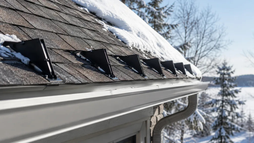 An empty roof surface: a pitched shingle roof eave with neat snow guards under clear cold Ontario winter light