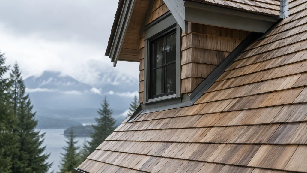 An empty roof surface: a moss-free cedar shake roof slope with clean flashing under soft misty British Columbia light