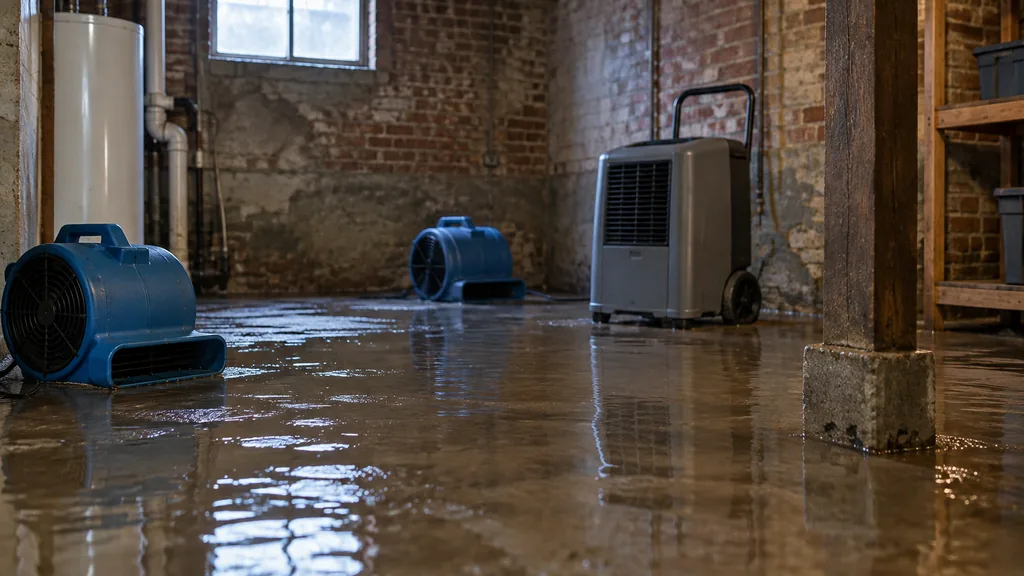 Disaster restoration job site: a flooded brick-walled basement with standing water, industrial air movers and a dehumidifier under cool light from a small window