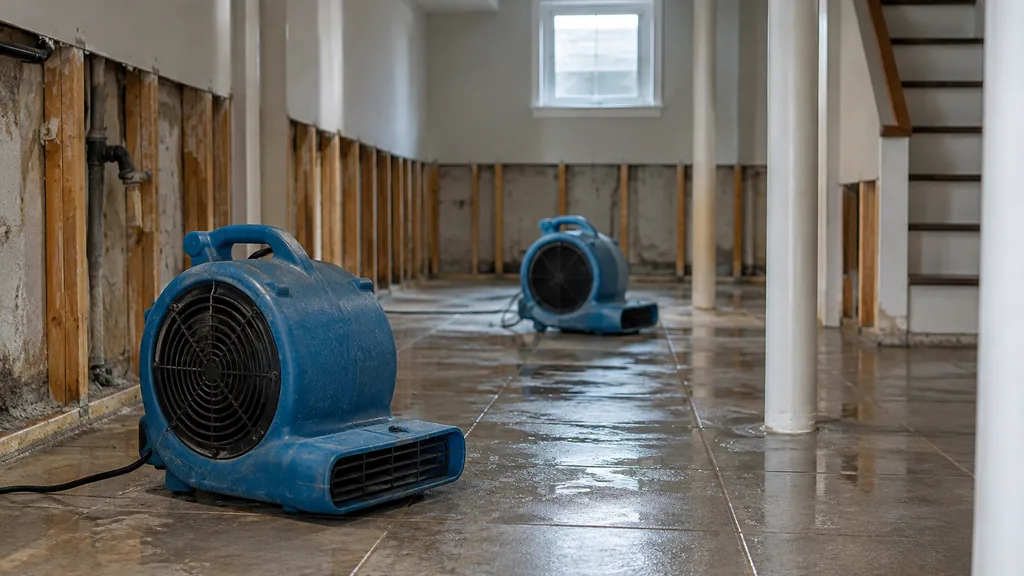 Disaster restoration job site: a rowhouse basement with wet drywall cut away at flood height, air movers on a tile floor and soft grey daylight