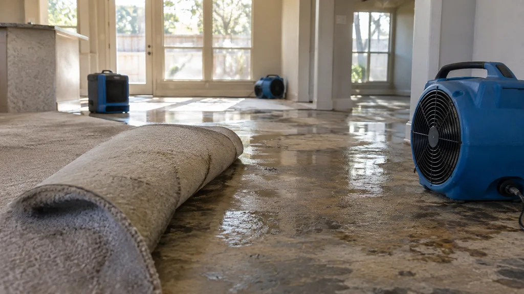 Disaster restoration job site: a single-storey home interior with wet carpet pulled back, fans drying the subfloor and bright Texas afternoon light