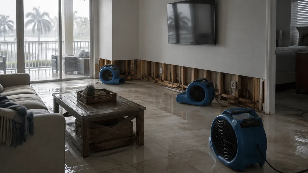 Disaster restoration job site: a Florida living room after a storm with baseboards removed, air movers and humid light through sliding glass doors
