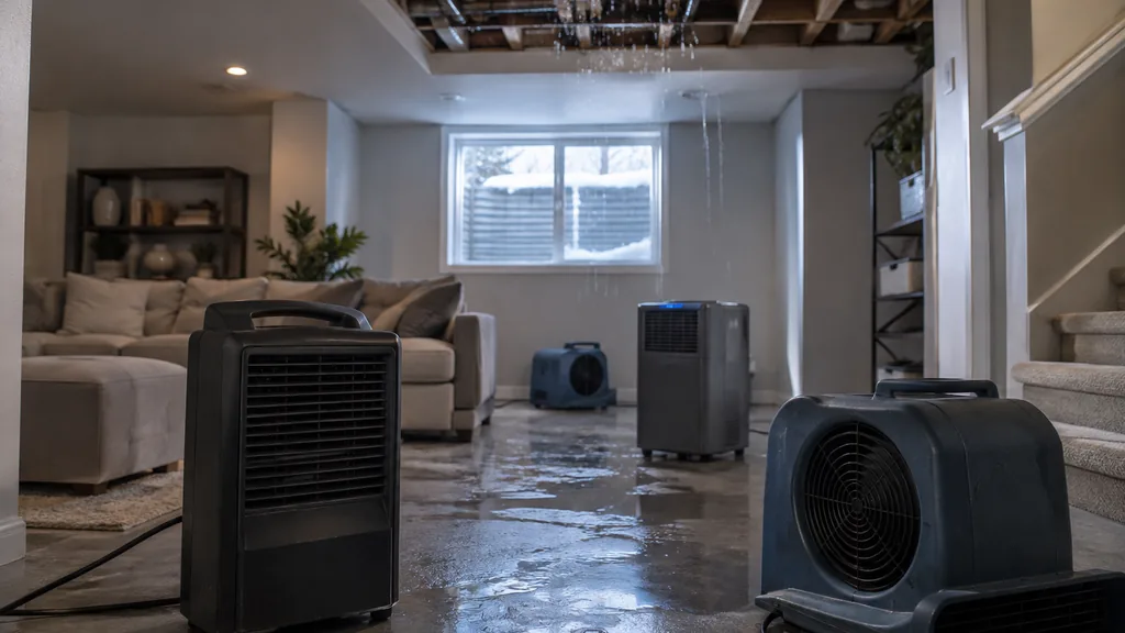 Disaster restoration job site: a finished basement with a burst pipe in the ceiling, dehumidifiers and cold winter light through a window well
