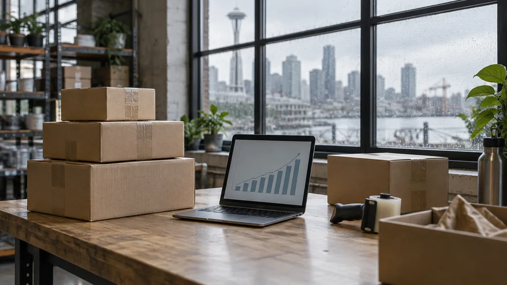 Everyday business setting for Seattle Amazon advertising work: a Seattle warehouse packing table with cardboard shipping boxes, a laptop showing an abstract sales chart, and soft rainy daylight through tall industrial windows