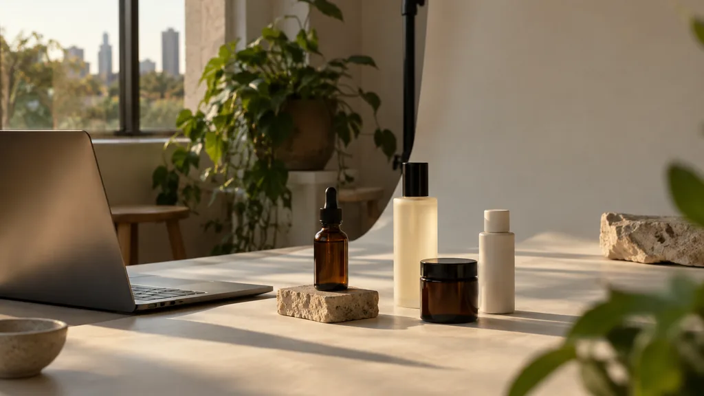 Everyday business setting for Austin Amazon advertising work: an Austin product studio table with wellness product bottles on a seamless backdrop, a laptop and warm Texas afternoon light