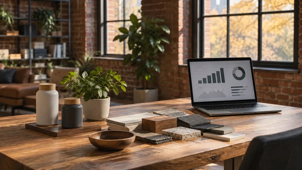 Everyday business setting for Boston Amazon advertising work: a Boston brick loft office with sample products on an oak table, a laptop showing abstract charts and soft autumn light