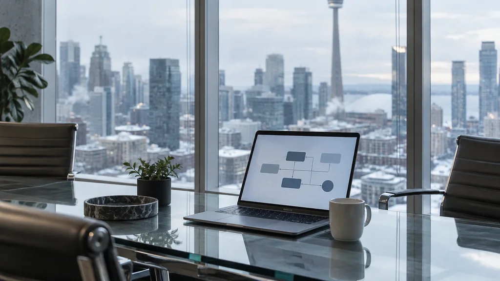 Everyday business setting for Toronto marketing automation work: a Toronto glass office meeting table with a laptop showing an abstract workflow diagram, a coffee cup and cool winter daylight over the city