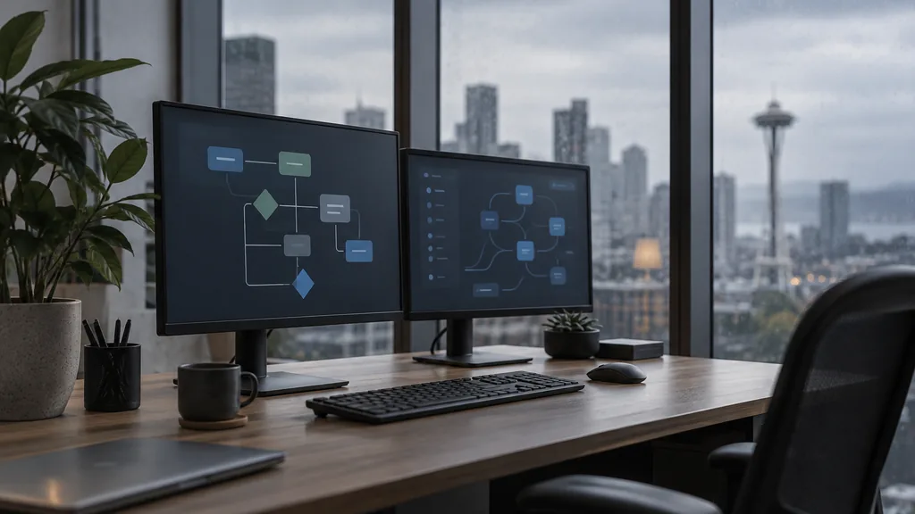 Everyday business setting for Seattle marketing automation work: a Seattle tech office desk with two monitors showing abstract flowchart shapes, a plant and soft grey rainy daylight