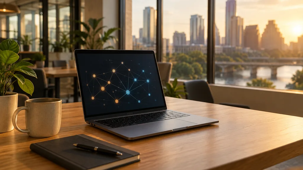 Everyday business setting for Austin marketing automation work: an Austin coworking space desk with a laptop showing abstract connected nodes, a notebook and warm golden light through large windows