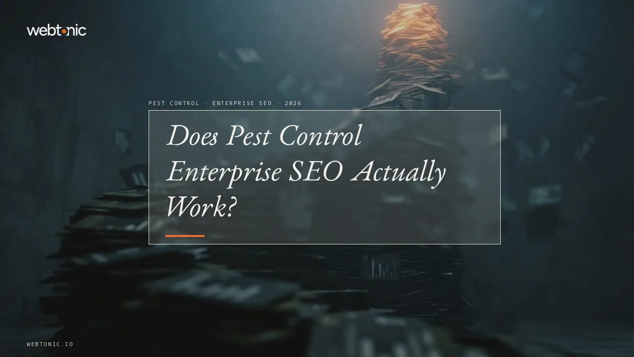 Pest control enterprise SEO statistics 2026 thumbnail showing 16,565 US pest control firms in 2025, with 81.4 percent running one or two locations