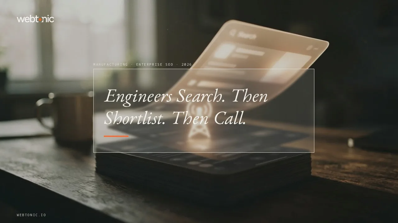 Manufacturing and industrial enterprise SEO statistics thumbnail showing 80 percent of B2B buyers using search engines to source suppliers and 62 percent of the journey completed online